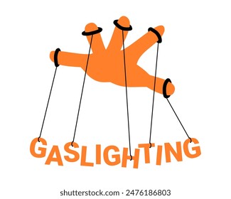 Gaslighting - la mano controla el texto. Metáfora de manipulación y abuso por parte de abusador, manipulador y mechero. Ilustración vectorial aislada en blanco.