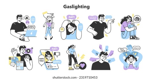 Gaslighting set. Psychological manipulation method, and cognitive dissonance creation. Emotional abuse and control in a relationships. Flat vector illustration