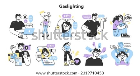 Gaslighting set. Psychological manipulation method, and cognitive dissonance creation. Emotional abuse and control in a relationships. Flat vector illustration