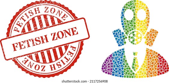 Gasmask boss mosaic icon of circle elements in different sizes and rainbow colored color tones. Red round rubber watermark with Fetish Zone caption. A dotted LGBT- colored gasmask boss for lesbians,