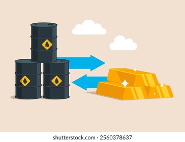 Gasoline barrel. Oil market. Illegal sale of oil. Changing investment in oil and gold bar bullion market. Wealth management and asset allocation. Modern flat vector illustration