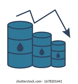 gasoline barrels with arrow decreasing oil prices fill style vector illustration