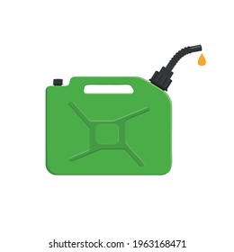 Gasoline canister with spout and pouring petrol drop. Gas can isolated on white background. Vector cartoon illustration.