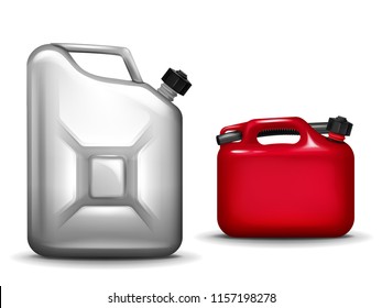 Gasoline canister vector illustration of 3D realistic plastic and aluminium metal container for car petroleum and fuel. Isolated mockups with funnel on white background