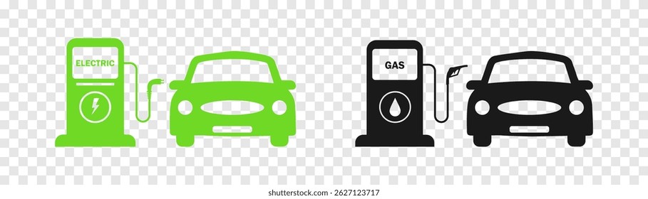 Carro a gasolina e carro elétrico na estação de reabastecimento . Carro carregando na estação do carregador. Carro ecológico. Auto reabastecimento de gasolina no posto de gasolina. conceito de transporte ecologia vetor ilustração