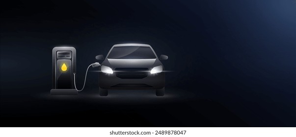 Gasoline car. Car fueling at gas station filling nozzle in fuel tank. Oil drop icon yellow on black background. Technology automotive industry. Banner empty space for text. Vector EPS10.