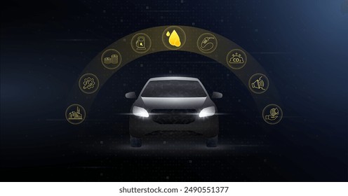 Gasoline car. Gas station icon button yellow surround on hi tech digital black background. Technology automotive industry. Vector EPS10.