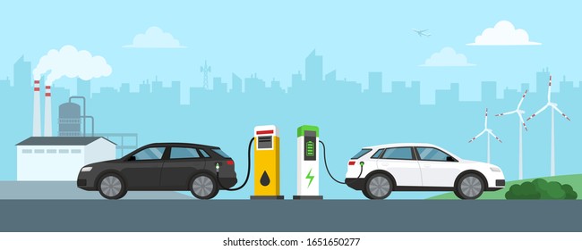 Gasoline car refuel and electric car charge at the station, refinery and wint turbines in the background, automotive technology and green energy concept