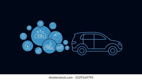 Coche de gasolina. Smoke sale del tubo de escape en la parte trasera del coche con los iconos de la planta de Industrial de aceite de CO2. Tecnología de innovación de la boquilla de energía de combustible de la industria automotriz. Vector.