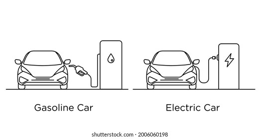 Gasoline Car vs Electric car. Vector black and white line drawing. Illustration. Line art. Ecology. Green City