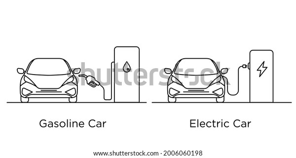 Gasoline Car\
vs Electric car. Vector black and white line drawing. Illustration.\
Line art. Ecology. Green\
City