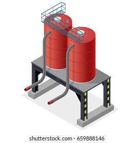 Gasoline cistern, isometric building info graphic. Diesel, fuel supply resources. Gas tank on pillars. Water reservoir. Industrial chemistry pictogram, red details. Flatten isolated master vector icon