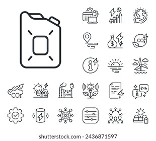 Gasoline or diesel fuel sign. Energy, Co2 exhaust and solar panel outline icons. Canister of oil line icon. Petroleum power energy symbol. Canister oil line sign. Vector