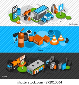 Gasoline diesel fuel station isometric banners set with convenience shop and safety equipment abstract isolated vector illustration