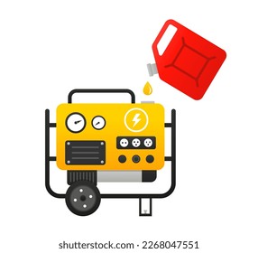 Gasoline, diesel is poured into the gas generator. Gasoline canister. Gasoline cylinder, gas tank, fuel container. Vector illustration