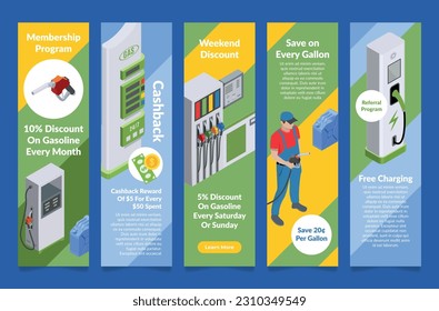 Gasoline discount membership program free charging poster landing page set vector illustration. Automobile fuel sale special offer internet ad. Transportation petrol filling low price announce