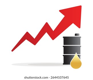 Gasoline, fuel, gas, petrol, oil, stock value, market, demand, price, rise. Oil drop and barrel with red arrow rising, vector illustration. Can be used for web, mobile, infographics and print. EPS 10