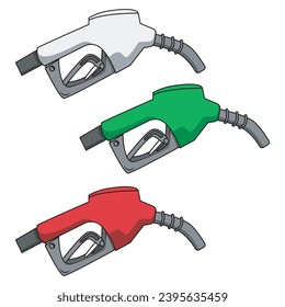 Gasoline fuel pump nozzle set isolated with drop oil on white background, oil industry and refuel service concept