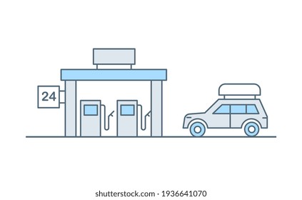 Gasoline fuel station and car with baggage on the roof vector flat line illustration isolated on white background. 24 hours gas station for mobile application or website design.