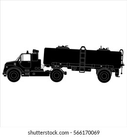 Gasoline fuel truck flat vector icon black silhouette. Black truck tank. Vector illustration on white background.