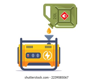 Benzingenerator bei Naturkatastrophen. Stromversorgung mit einem Generator. flache Vektorgrafik.