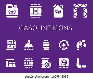 gasoline icon set. 14 filled gasoline icons.  Simple modern icons such as: Gasoline, Barrel, Fuel, Rigging, Gas station, Oil pump, Gas, Sewer, Energy, Pipeline, Gas fuel