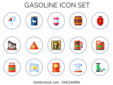 gasoline icon set. 15 flat gasoline icons. Included lighter, oil, fuel, electricity, gas, gas station, barrel, generator, fuel station, power line, pump icons