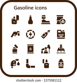 gasoline icon set. 16 filled gasoline icons.  Simple modern icons about  - Lighter, Oil, Water tank, Barrel, Gas station, Energy, Gasoline, Pump jack, Oil pump, Gas fuel, Pipeline