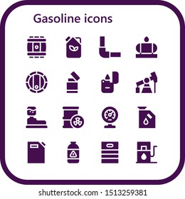 gasoline icon set. 16 filled gasoline icons.  Collection Of - Barrel, Fuel, Pipeline, Water tank, Lighter, Pump jack, Meter, Gas, Gas can, Gas station icons