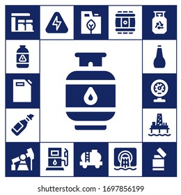 gasoline icon set. 17 filled gasoline icons. Included Gas station, Gas, Gas can, Oil, Meter, Oil pump, Pump jack, Energy, Fuel, Tank, Barrel, Sewer, Lighter icons