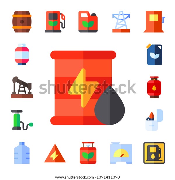 gasoline
icon set. 17 flat gasoline icons.  Simple modern icons about  -
barrel, gas, oil, pump, fuel, lighter, gallon, gas station,
electricity, power line, generator, fuel
station