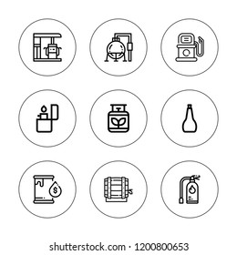 Gasoline icon set. collection of 9 outline gasoline icons with barrel, extinguisher, fuel, lighter, gas station, gas storage, gas icons. editable icons.