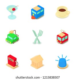 Gasoline icons set. Isometric set of 9 gasoline vector icons for web isolated on white background