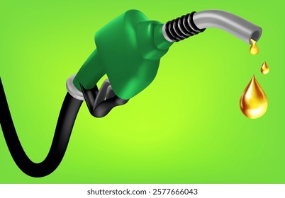 Gasoline injector gasoline pump on green background  of refuel station, petrol pistol with handle hose diesel oil company economy Realistic oil drop 