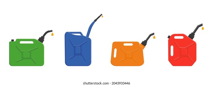 Gasoline jerrycans with leaking petrol drops. Set of gas canisters, fuel containers isolated on white background. Vector cartoon illustration.