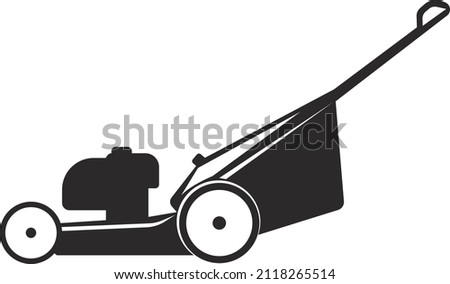Gasoline lawn mower for grass. Agricultural tools. Black flat symbol . Isolated image on a white background.