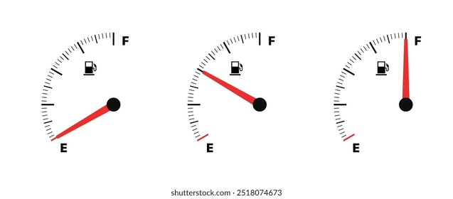 Symbole für die Benzinstandseinstellung. Linear, Silhouette und flacher Stil. Vektorsymbole.