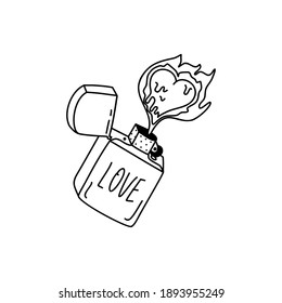 Gasoline metal lighter with fire and heart. Valentine's day concept. Linear doodle style. Vector on isolated white background. For printing on cards, invitations, tattoo, clothing design