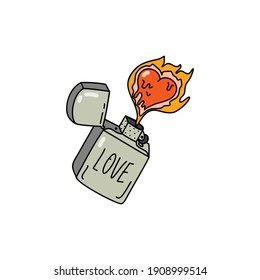 Gasoline metal lighter with fire and heart. Valentine's day concept. Linear colored doodle style. Vector on isolated white background. For printing on cards, invitations, tattoo, clothing design