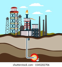 Gasoline mining station flat vector illustration. Fossil extraction, production process cross section. Industrial pump and gas tower cutaway side view. Raw materials, natural resources depletion