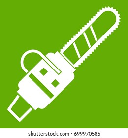 Gasoline powered chainsaw icon white isolated on green background. Vector illustration