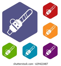 Gasoline powered chainsaw icons set hexagon isolated vector illustration