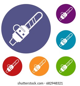 Gasoline powered chainsaw icons set in flat circle red, blue and green color for web