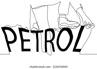 Benzinpreissteigerungskonzept - ein Zeichenkettenvektor. Mann, der versucht, das große Wort "PETROL" zu überwinden. 
