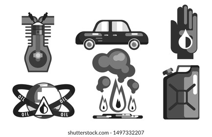 Gasoline Processing Black Symbols Set, Oil Industry Production Flat Vector Illustration