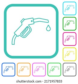 Gasoline pump fuel nozzle outline vivid colored flat icons in curved borders on white background