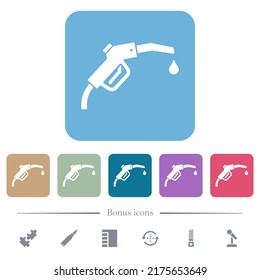 Gasoline pump fuel nozzle solid white flat icons on color rounded square backgrounds. 6 bonus icons included