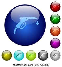 Gasoline pump fuel nozzle solid icons on round glass buttons in multiple colors. Arranged layer structure