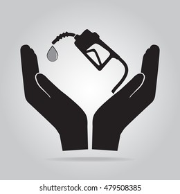 Gasoline pump in hand icon. Protection or safety, care concept