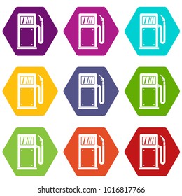 Gasoline pump icon set many color hexahedron isolated on white vector illustration